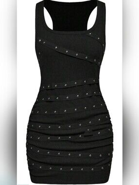 Studded Black Ribbed Bodycon Mini Dress